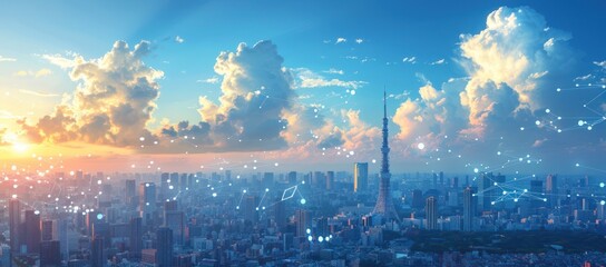 Wall Mural - Tokyo Skyline with Connecting Lines at Sunset