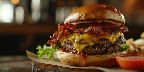 Sticker - Close up of a delicious cheeseburger with bacon and beef on a plate