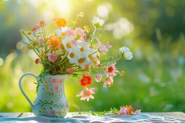 Poster - Cute bouquet of flowers in a jug on the table on a green background.