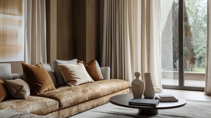 Wall Mural - A combination of velvet textures from the sofa to the pillows and curtains brings a cozy and inviting feel to the space.