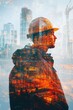© Sunshine - Double Exposure of Construction Worker with Urban Cityscape Background, Symbolizing Modern Architecture and Urban Development