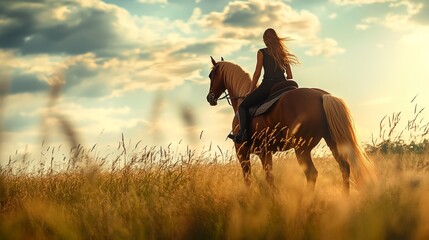 Canvas Print - A female rider and her brown horse in a field, showcasing their friendship and love for one another. 