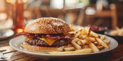 Sticker - Bacon cheeseburger with french fries on a plate