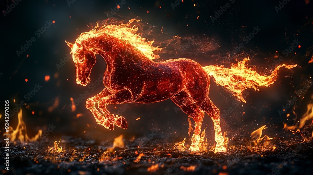 Glowing red horse made of fire galloping with a fiery mane and tail ...