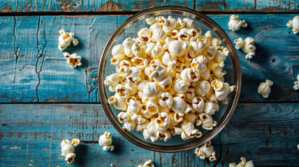 a bowl of homemade buttered popcorn sitting on a rustic blue wooden table.