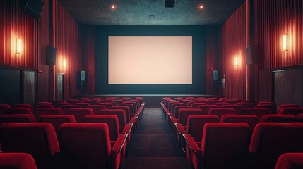 empty cinema, with rows of red velvet seats facing a large blank screen, soft ambient lighting, quiet and contemplative tones