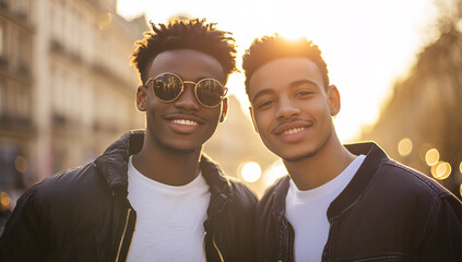 Two young men smiling in sunny Paris cityscape.