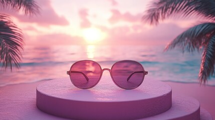 Sunglasses Resting on a Pink Platform with a Sunset Beach Background