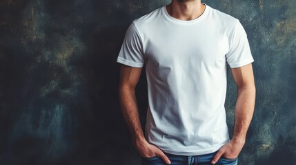 Casual Young Man in White T-Shirt and Jeans Standing Against Dark Textured Background