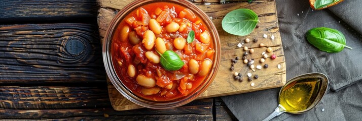 Sticker - Aerial view of a small glass bowl containing beans in tomato sauce placed on a wooden surface.