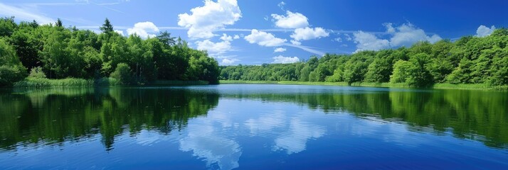 Wall Mural - Serene Lake Surrounded by Verdant Forest and Crisp Blue Sky Ideal for Relaxation and Enjoying Nature