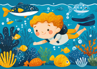 Sticker - A cheerful child with blonde hair explores an underwater scene filled with colorful fish and vibrant coral reef marine life.