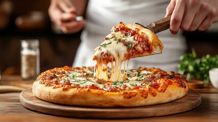 Detailed shot of a deep-dish pizza being sliced, revealing melted cheese and thick tomato sauce in a rustic kitchen setting.