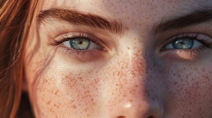 Poster - Close-up of a Woman's Face with Freckles and Blue Eyes