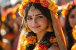 © furyon - joyous women in colorful traditional attire flower garlands henna designs vibrant festival scene teej celebration in lush garden setting
