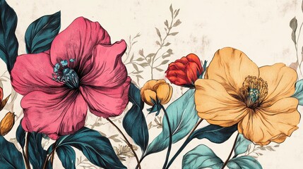 Wall Mural - Vintage Floral Illustration with Pink and Yellow Flowers