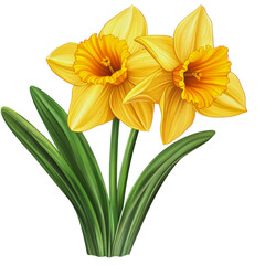 Wall Mural - PNG Yellow daffodils blooming spring flowers with green leaves