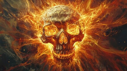 Canvas Print - Flaming Skull Radiating Fiery Energy 