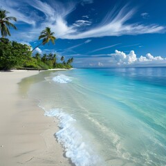 Wall Mural - Tranquil tropical beach with white sand, palm trees, and turquoise water.