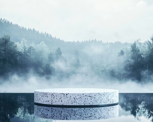 Terrazzo podium on a reflective surface, with a misty forest background, tranquil and serene