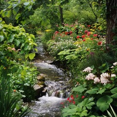 Canvas Print - Tranquil stream flowing through lush greenery and vibrant wildflowers.