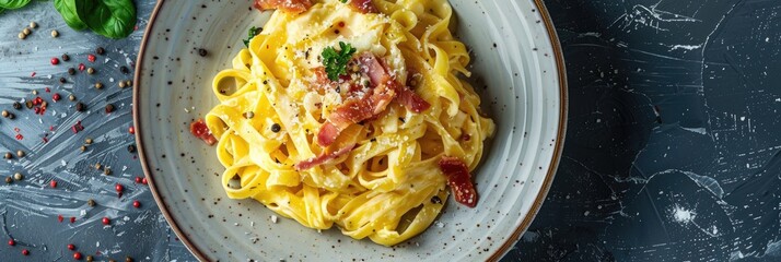 Wall Mural - Savory Dish of Pasta Carbonara with Egg Sauce, Guanciale, Pecorino, and Black Pepper