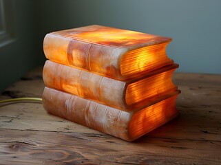 An artistic lamp constructed from various books.