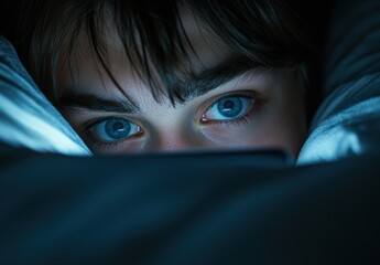 A young teenager concentrates on phone, illuminated by its blue screen while lying in bed at night.