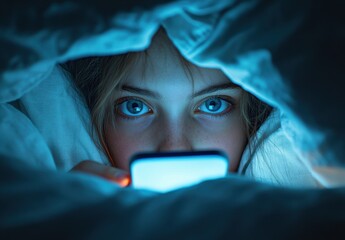 A young teenager concentrates on phone, illuminated by its blue screen while lying in bed at night.