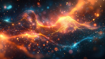 Wall Mural - Abstract Glowing Waveforms with Digital Particle Network in Orange and Blue