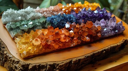 Wall Mural -  A vibrant assortment of colorful crystals arranged neatly on a rustic wooden board.