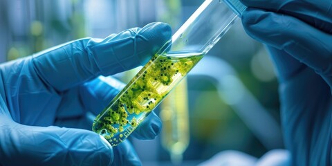 Wall Mural - scientist holding a sample of bacteria in a test tube conducting medical research and healthcare stu