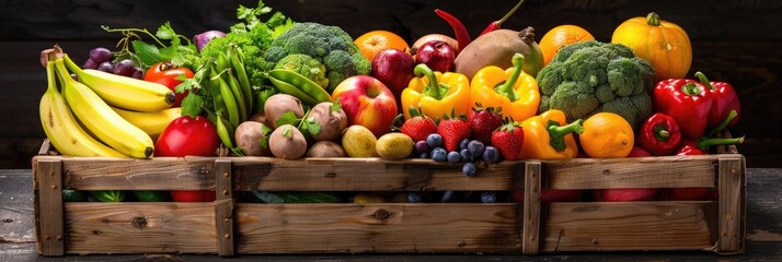 Wall Mural - Abundant variety of fresh organic fruits and vegetables arranged in a wooden crate