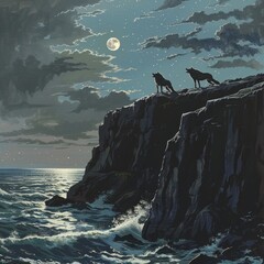 Canvas Print - Two wolves howl at the moon on a cliff overlooking a stormy sea.