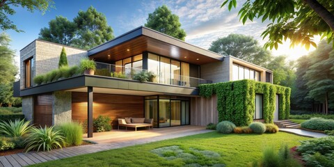 Contemporary eco-friendly home surrounded by greenery, green architecture, modern, sustainable