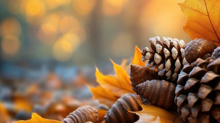 Sticker - Close-up of Pine Cones with Autumn Leaves.