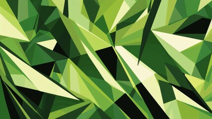 a bold graphic design featuring bold angular shapes in various shades of green that mimic the sharp 