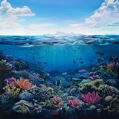 Poster - Underwater coral reef with tropical fish, viewed from the surface with blue sky and clouds.