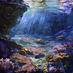 Wall Mural - Underwater scene with sunbeams illuminating coral reef and fish.