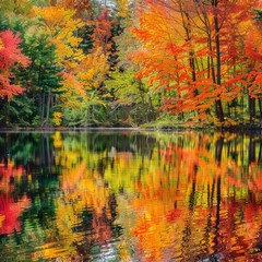 Poster - Vibrant autumn foliage reflected in a still lake, showcasing nature's beauty.