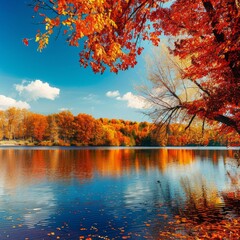 Poster - Vibrant autumn foliage reflected in a still lake.