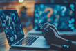 © ChristinaPhoto - image features a close-up of hands operating a smartphone and laptop on a desktop, with a blurred abstract question mark interface in background, conveying a concept of problem-solving and FAQ, utili