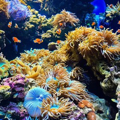 Wall Mural - Vibrant coral reef with orange fish swimming amongst colorful anemones.