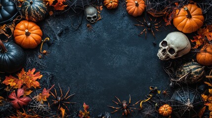 Sticker - Halloween Background with Pumpkins, Spiders and Skulls.