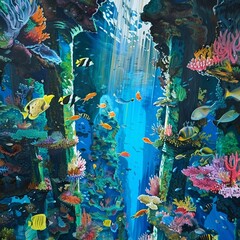 Sticker - Vibrant underwater scene with colorful coral and fish.