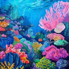 Sticker - Vibrant underwater scene with colorful coral reefs.