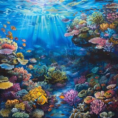 Poster - Vibrant underwater scene with coral reef and colorful fish.