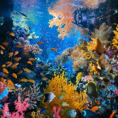 Canvas Print - Vibrant underwater scene with coral reefs and fish.