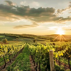 Wall Mural - Vineyards at sunset with a golden sky.