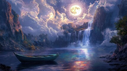 Sticker - Moonlit Waterfall and Tranquil Lake.